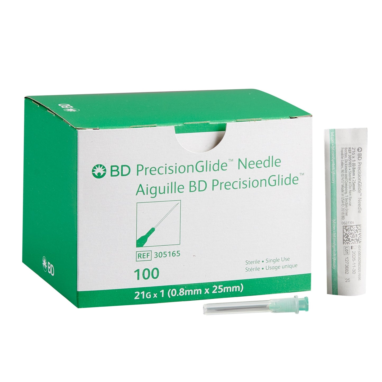 BD Precision Glide Needle, 1 inch length, 21 Guage - Box of 100