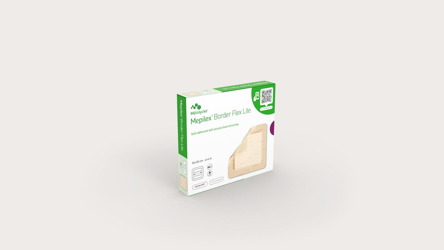 Molnlycke Mepilex Border Flex Lite Silicone Foam Adhesive with Border Dressing, 4in x 4in - Box of 5