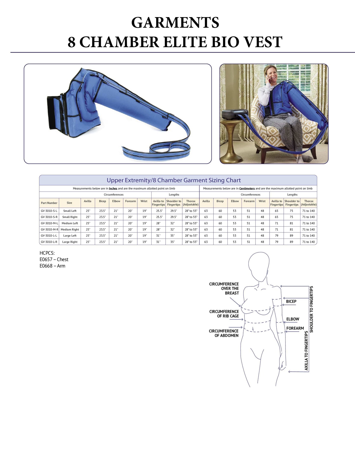 Elite 8 Chamber Bio Vest Sizing Chart