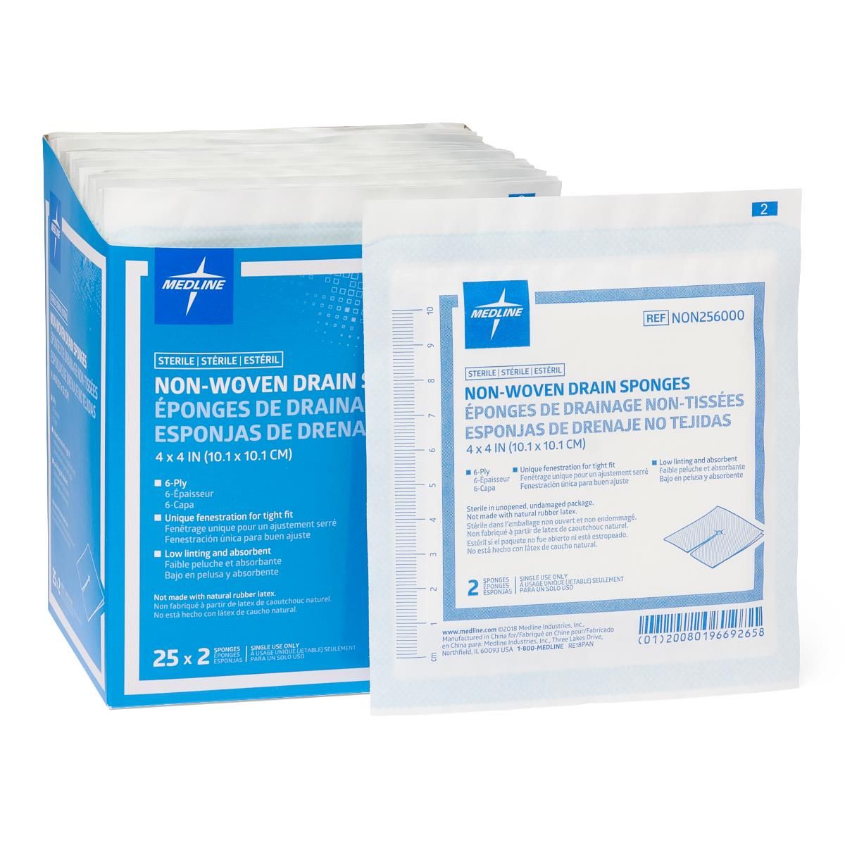 Medline Sterile Nonwoven Gauze Drain Sponge, 6 Ply, 4"x4" - Box of 50