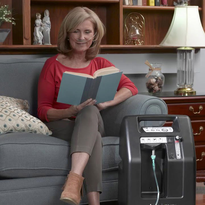 front view of the drive devilbiss compact 5 liter home oxygen concentrator in use at home